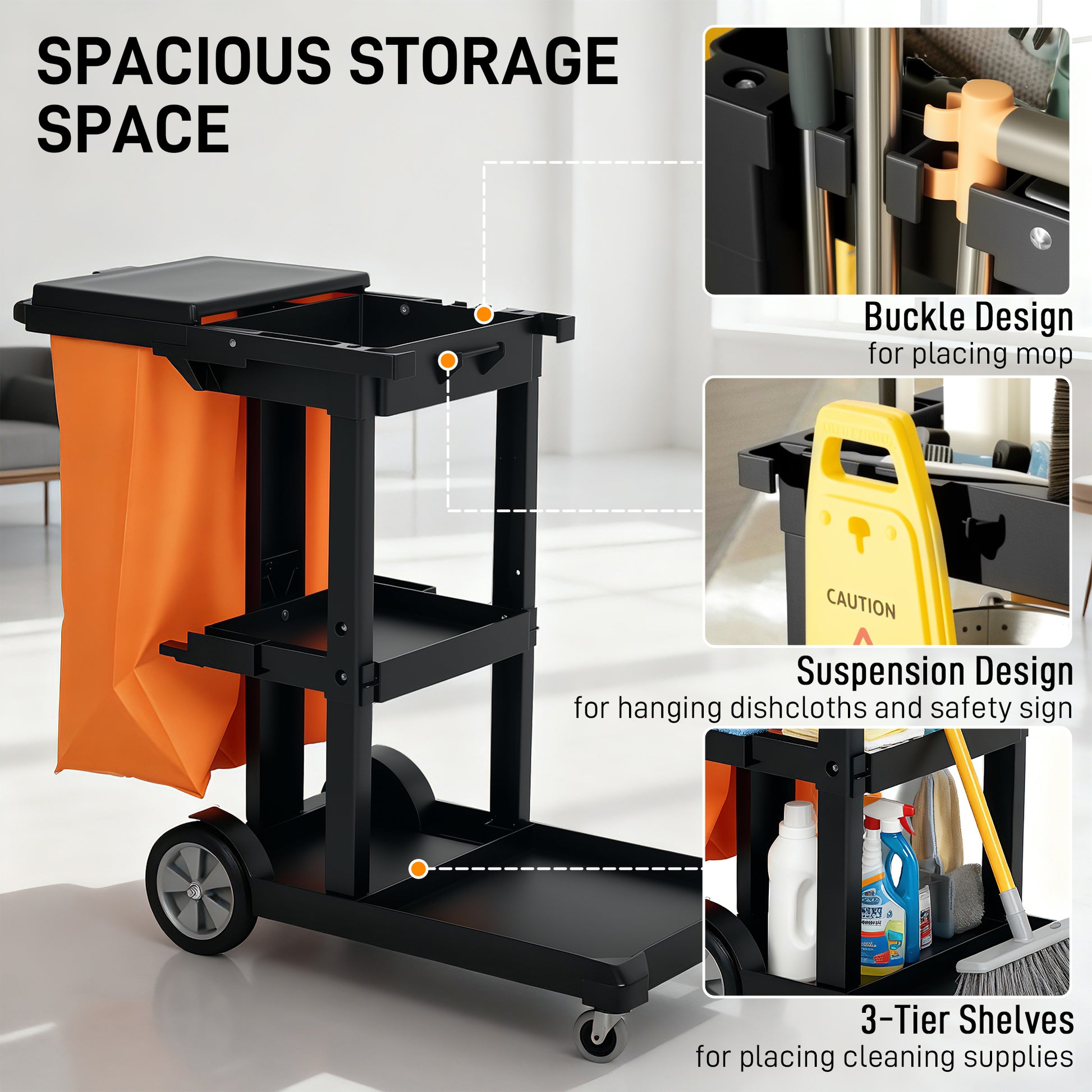 Commercial Janitorial Cart with 3 Tier Shelves, Cleaning Cart with Rubbish Bag and Mop Mount for Hotel Restaurant, Black
