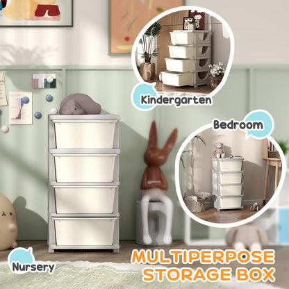 Qaba 4 Tier Kids Toy Organizer and Storage Bins with 4 Plastic Drawers, Cream White