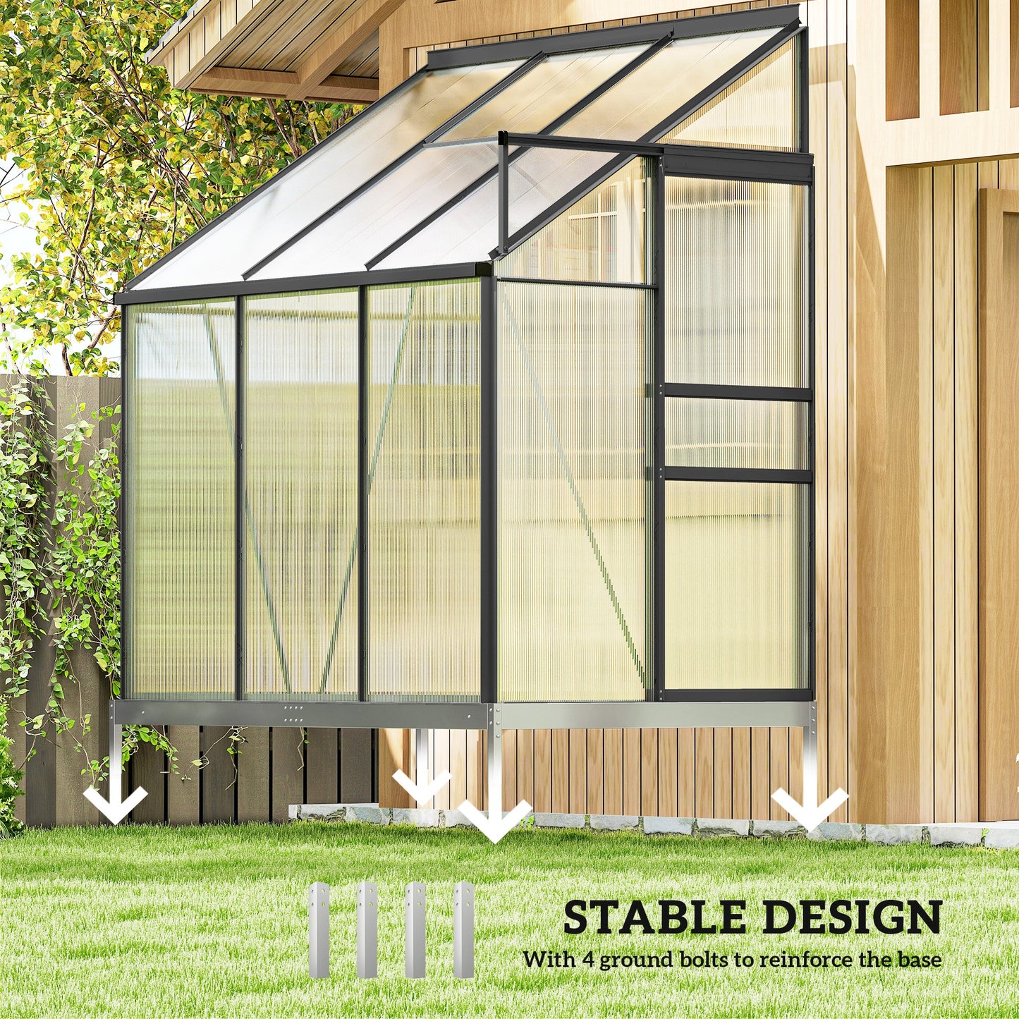 6' x 4' Aluminum Lean-to Greenhouse Polycarbonate Walk-in Greenhouse with Rain Gutter and Sliding Door, Dark Grey