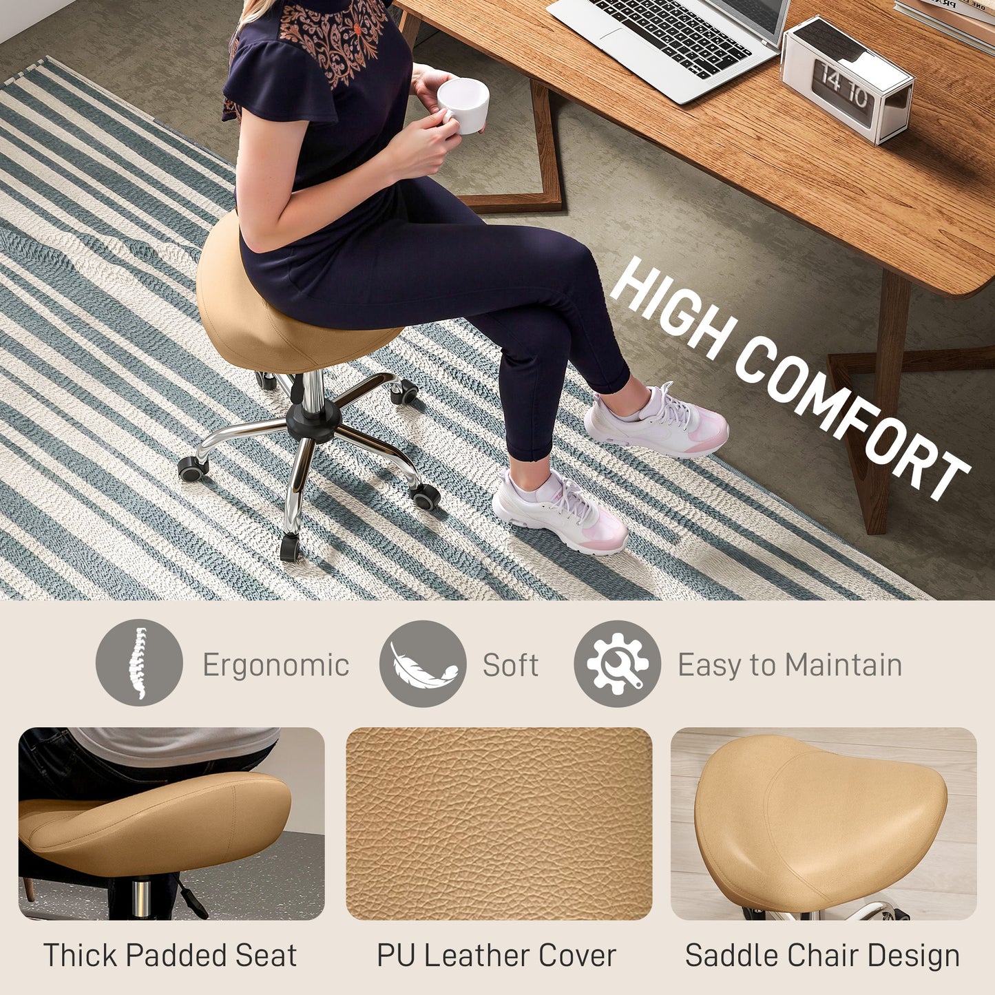 Saddle Stool, Height Adjustable Rolling Salon Chair with PU Leather for Massage, Spa, Clinic, Beauty and Tattoo, Brown