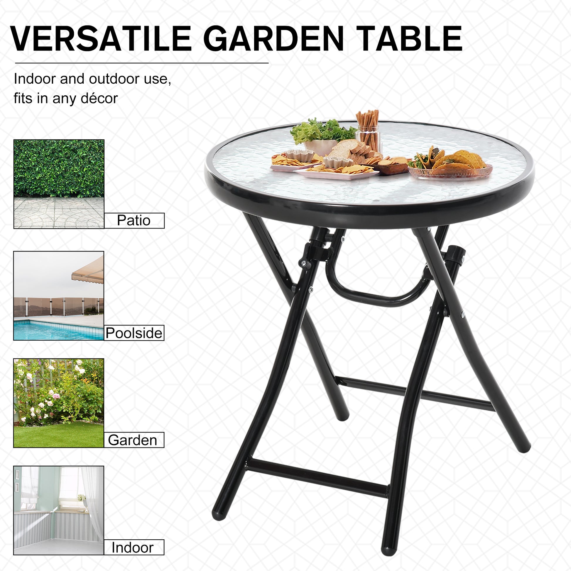 Φ18" Round Patio Table, Folding Coffee Table with Tempered Glass Tabletop for Patio, Balcony, Backyard