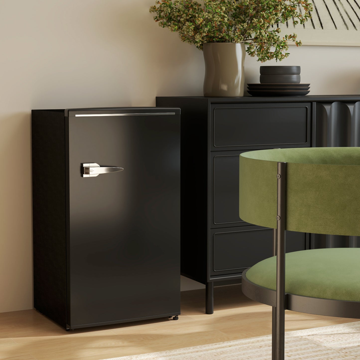 Retro Mini Fridge, 3.1 Cu. Ft Single Door Compact Refrigerator with Adjustable Thermostat, 2 Glass Shelves, Black