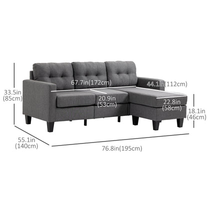 L-shaped Sofa, 3 Seater Couch with Ottoman, Corner Sofa with Thick Padded Cushion and Wood Legs, Dark Grey