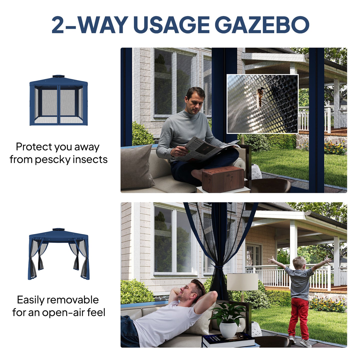 9.6' x 9.6' Patio Gazebo Outdoor Pavilion 2 Tire Roof Canopy Shelter Garden, Steel Frame w/ Mosquito Netting, Dark Blue