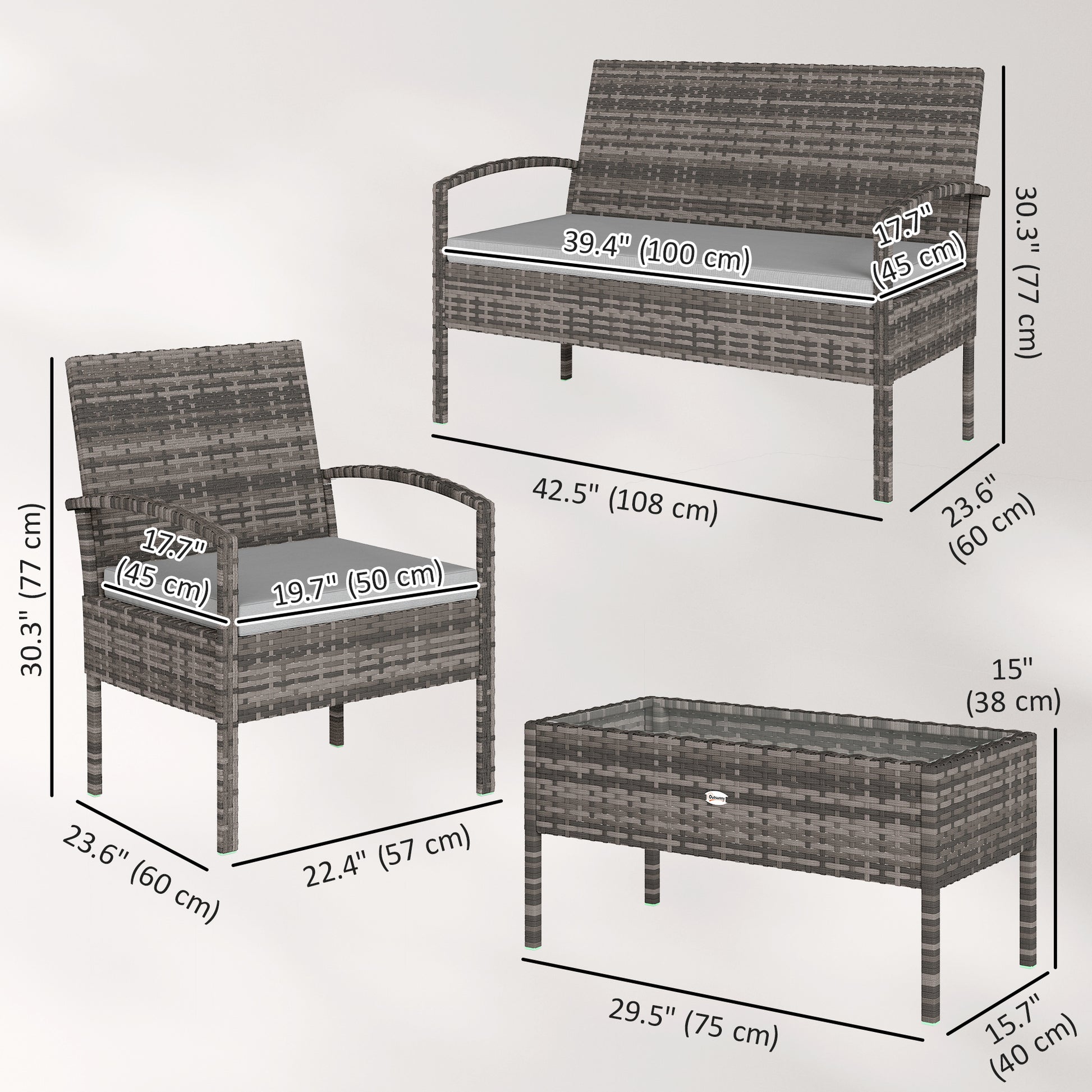 4 Pieces Patio Furniture Set with A Loveseat, Two Armchairs and A Coffee Table, Outdoor Conversation Set, Light Grey