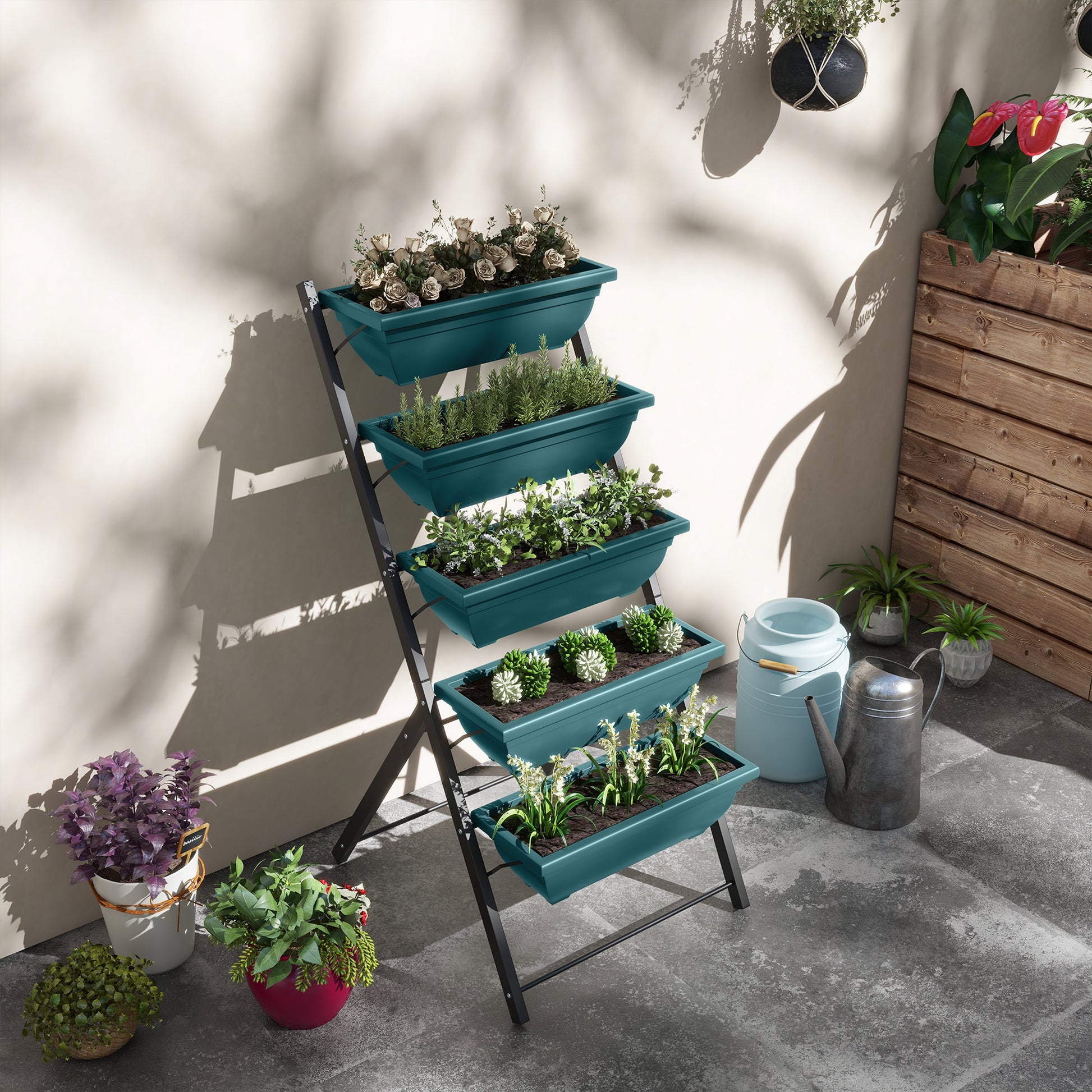 5-Tier Raised Garden Bed with 5 Planter Box, Outdoor Plant Stand Grow Containers with Leaking Holes, Green