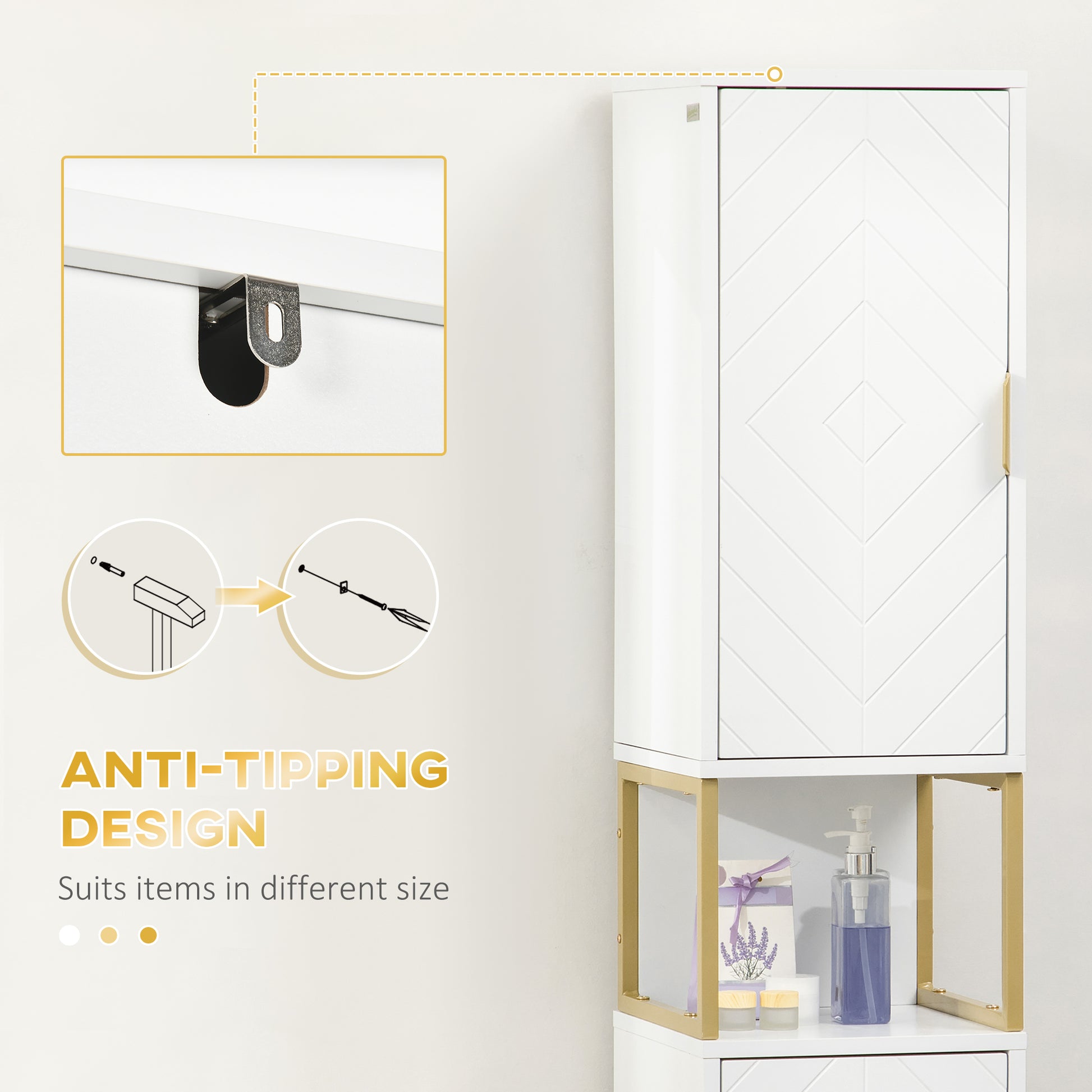 Tall Bathroom Storage Cabinet, Modern Narrow Bathroom Cabinet with Diamond Chevron Pattern and Adjustable Shelf, White