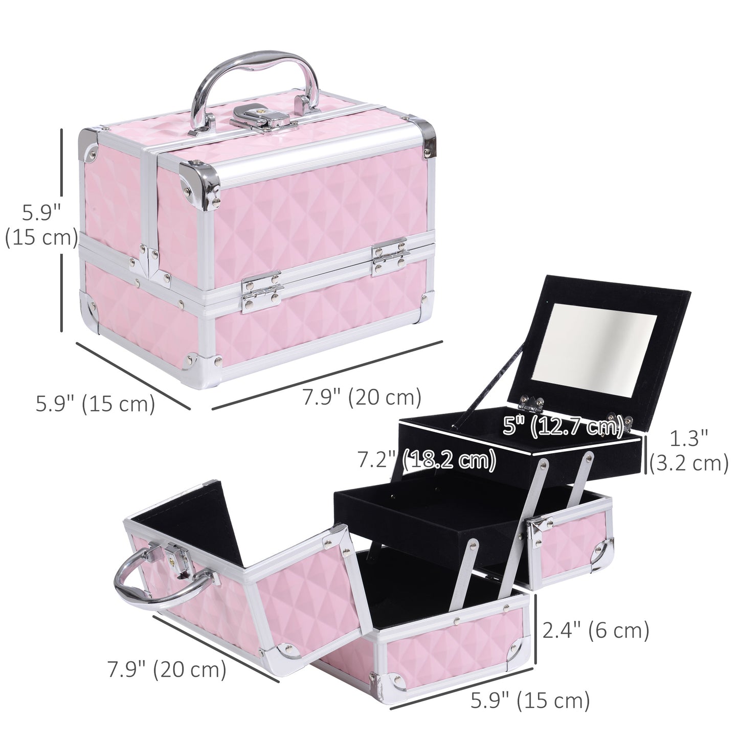3 Tier Diamond Texture Makeup Train Case Cosmetic Organizer with Mirror, Pink