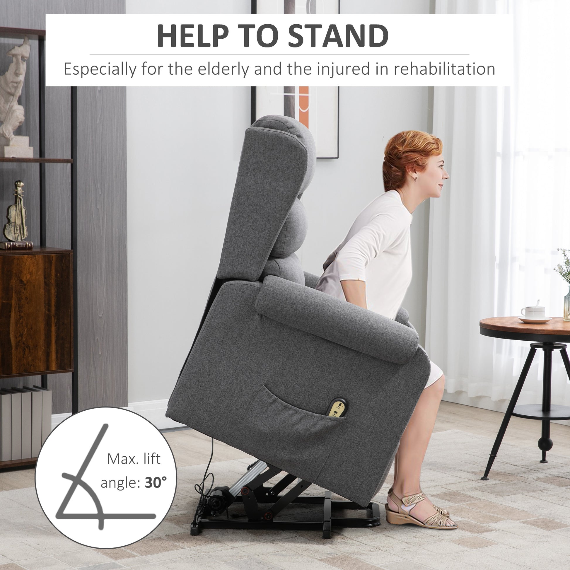 Lift Chair for Elderly, Power Chair Recliner with Footrest, Remote Control, Side Pockets for Living Room, Grey