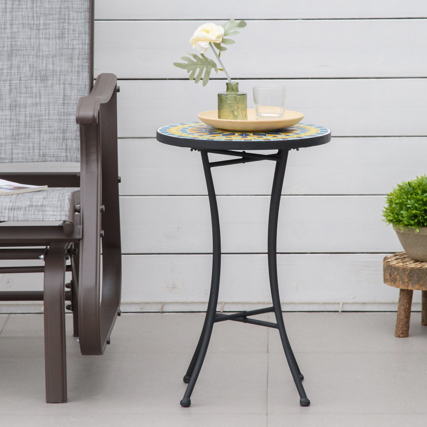 Mosaic Patio Table, Round Coffee Table with Metal Frame, Garden Furniture for Outdoor, Poolside, Yellow