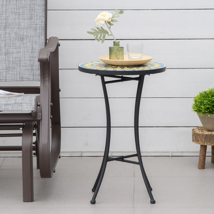 Mosaic Patio Table, Round Coffee Table with Metal Frame, Garden Furniture for Outdoor, Poolside, Yellow