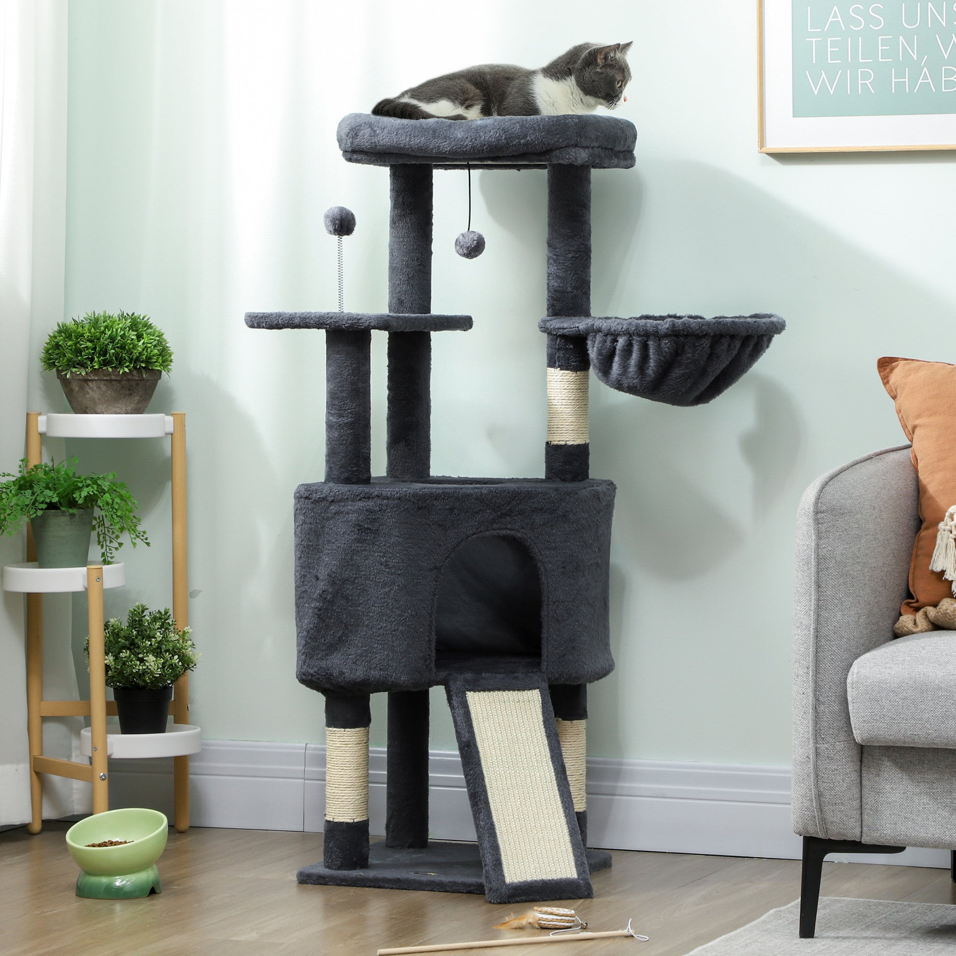 47 Inch Cat Tree, Cat Tower for Indoor Cats with Cozy Condo, Bed, Toy Balls, Sisal Scratching Posts, Hammock, Dark Grey