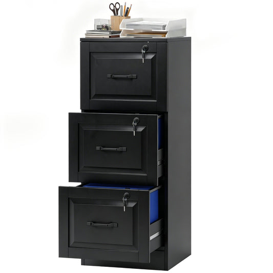 3 Drawer File Cabinet with Lock, Vertical Filing Cabinet with Adjustable Hanging Bars for A4 and Letter Size, Black