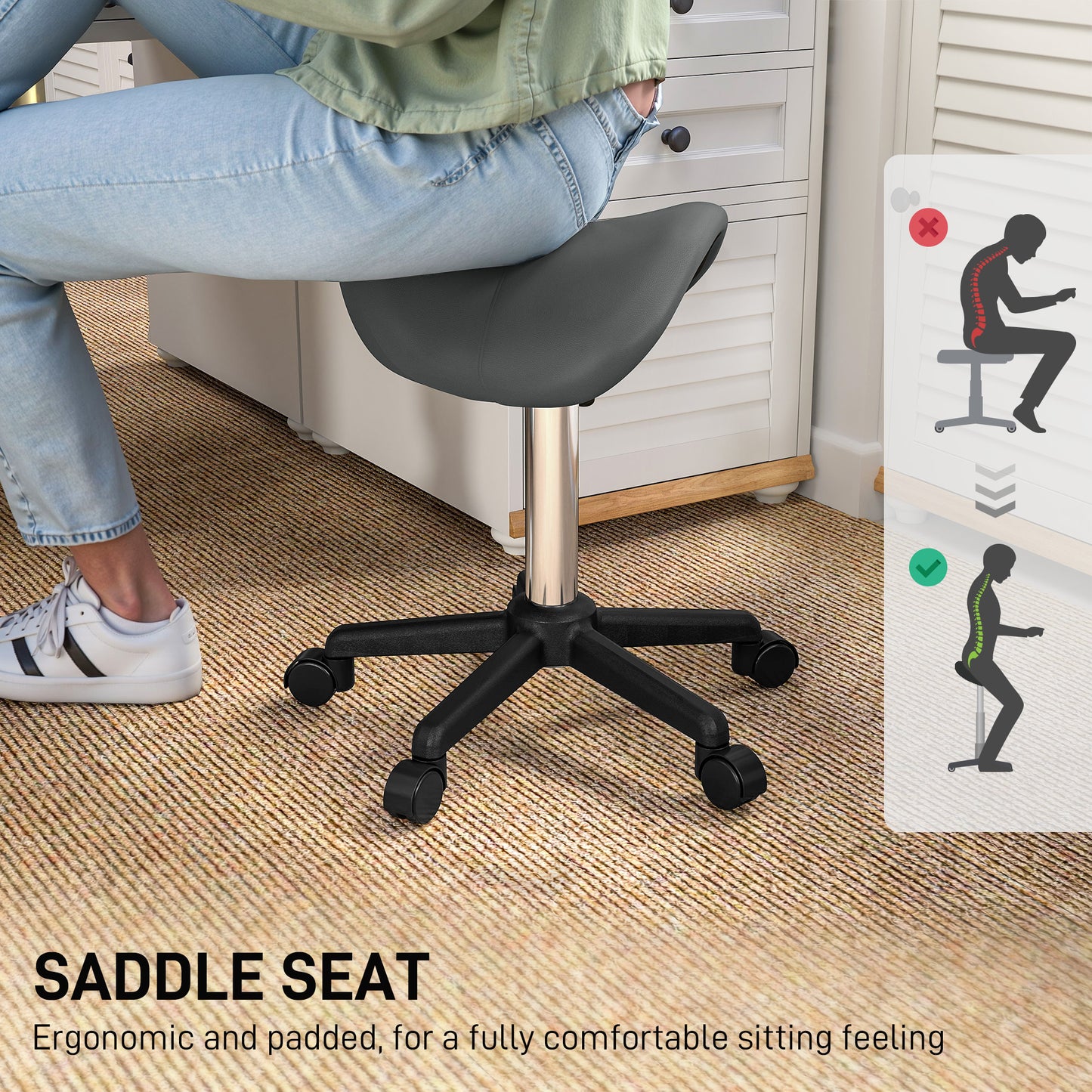 Saddle Stool, Adjustable Rolling Stool, Grey