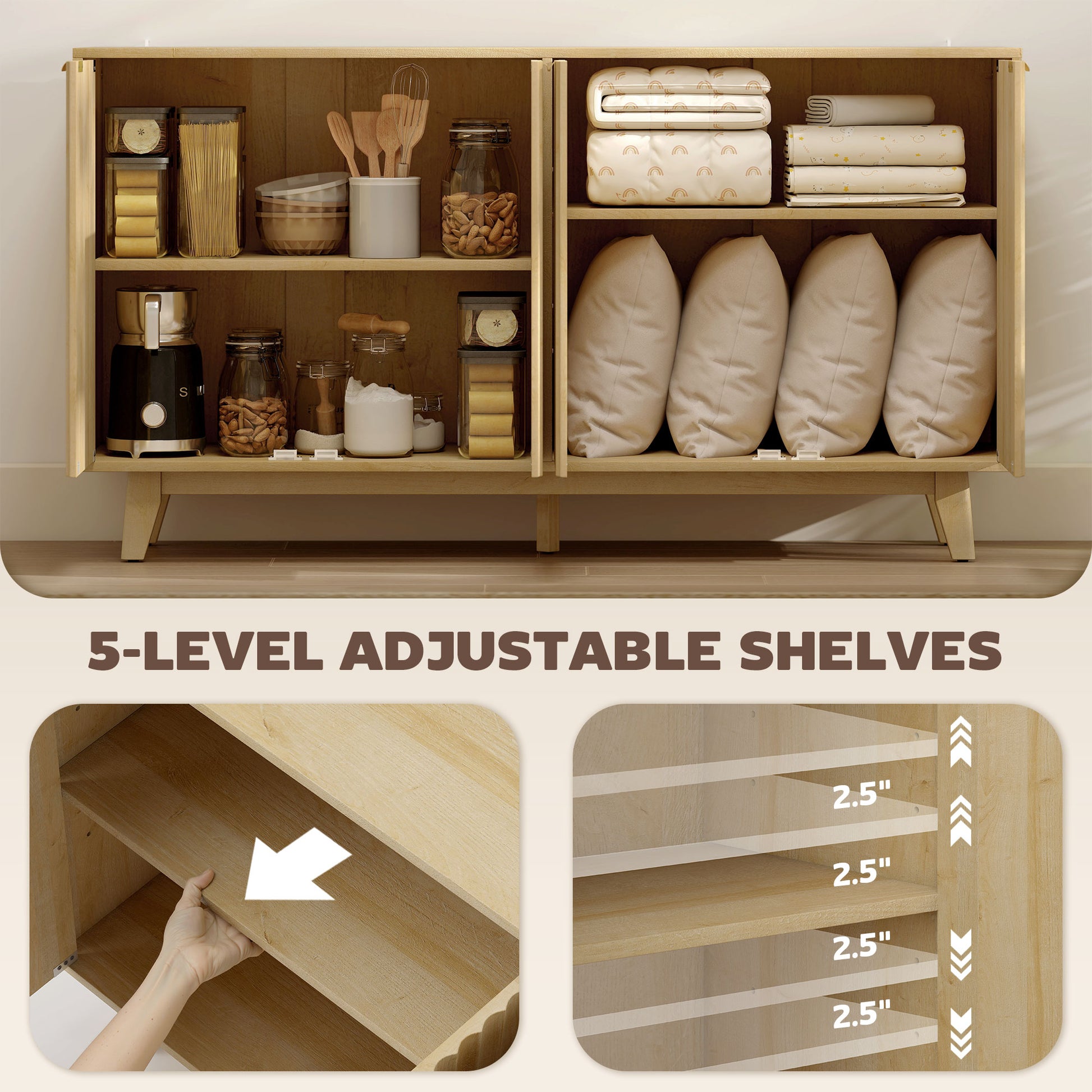 Fluted Sideboard Buffet Cabinet, 55" Coffee Bar Cabinet with 4 Doors, 2 Adjustable Shelves, 5 Wood Legs, Nature Wood