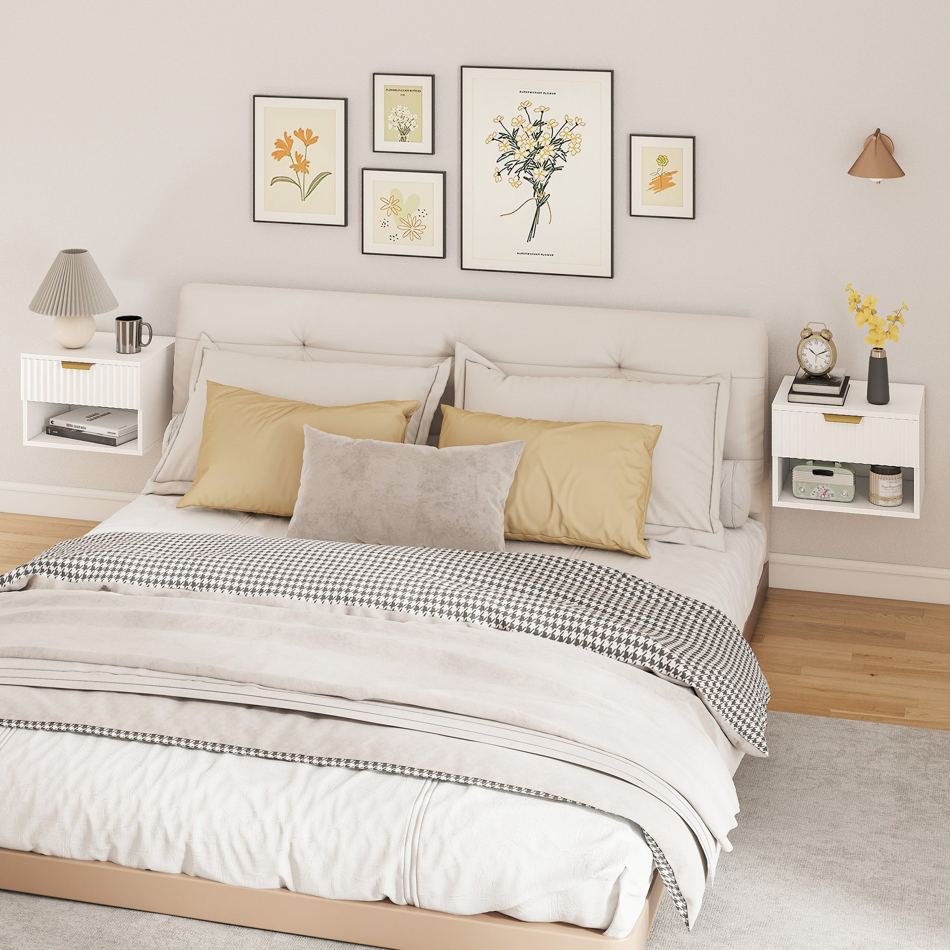 Floating Nightstands, Wall Mounted Bedside Tables Set of 2 with Drawer and Open Shelf, White