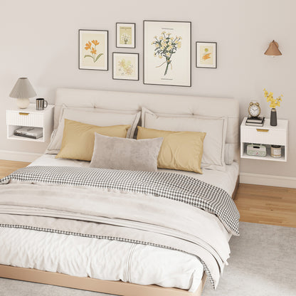 Floating Nightstands, Wall Mounted Bedside Tables Set of 2 with Drawer and Open Shelf, White