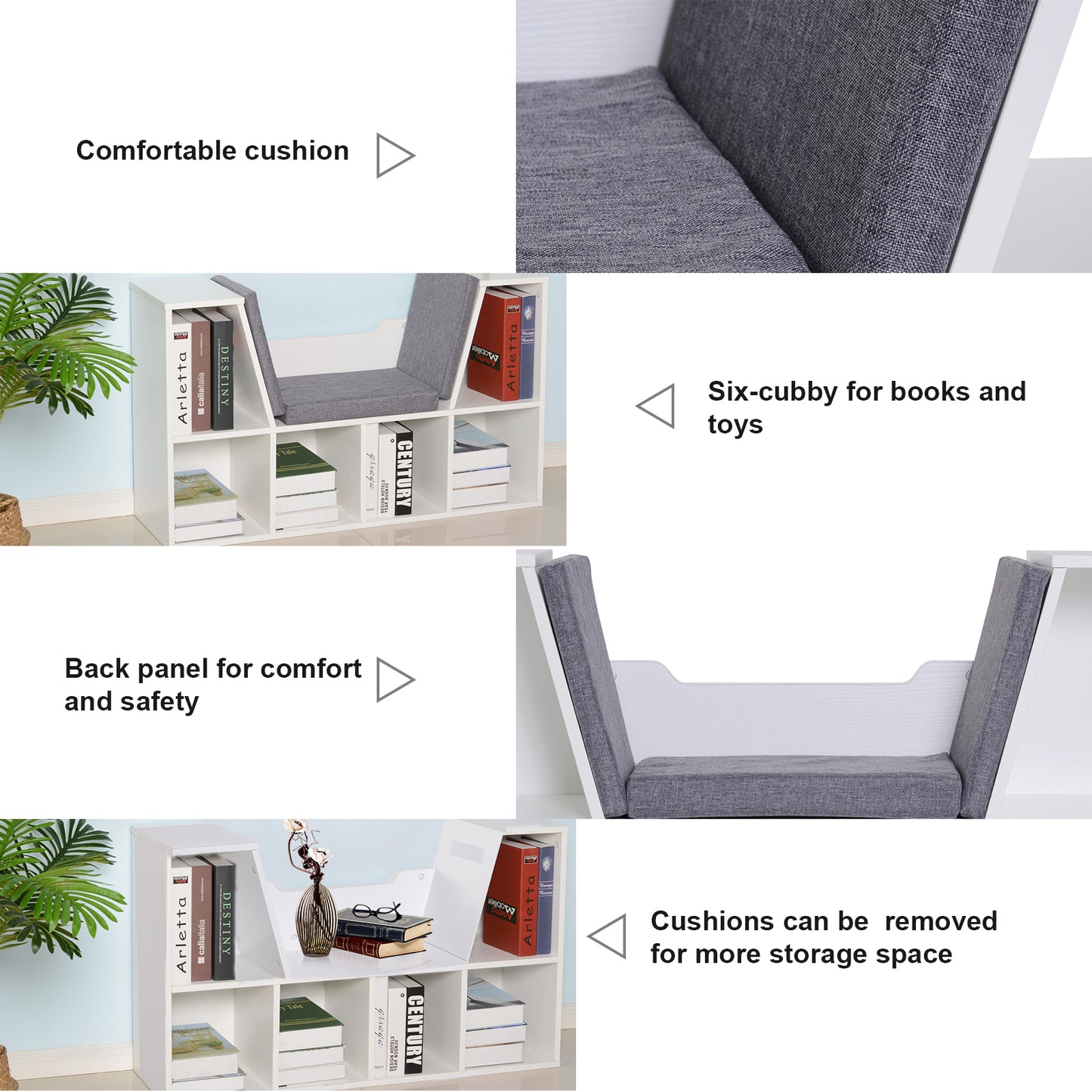 6-Cubby Bookcase with Seat Cushion, Cube Storage Shelf with Reading Nook for Home Office, Study, Grey