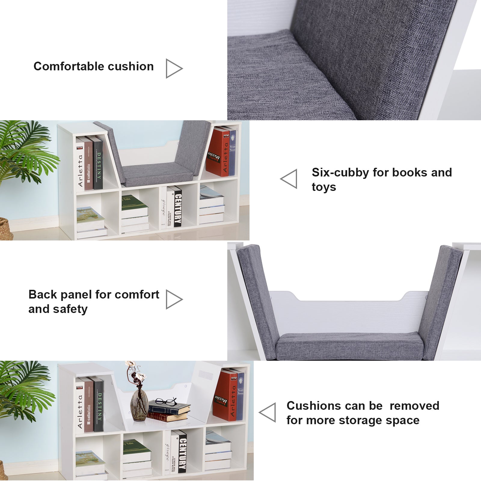 6-Cubby Bookcase with Seat Cushion, Cube Storage Shelf with Reading Nook for Home Office, Study, Grey