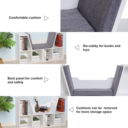 6-Cubby Bookcase with Seat Cushion, Cube Storage Shelf with Reading Nook for Home Office, Study, Grey