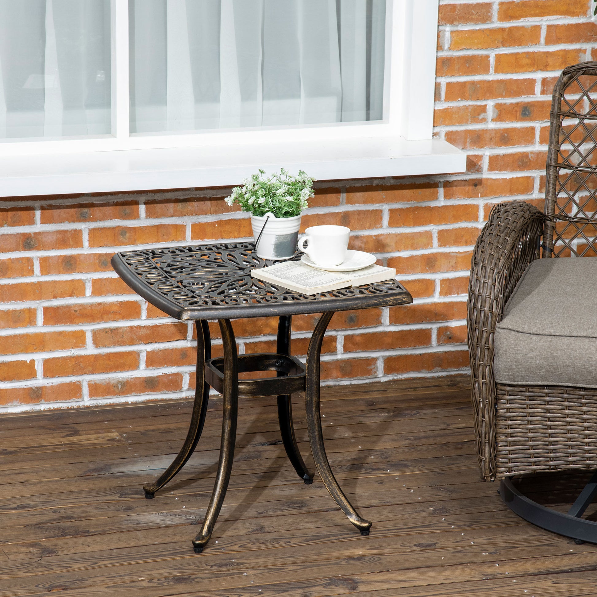 Aluminium Outdoor Side Table with Umbrella Hole, 21" Square Patio Coffee Table End Table, Bronze