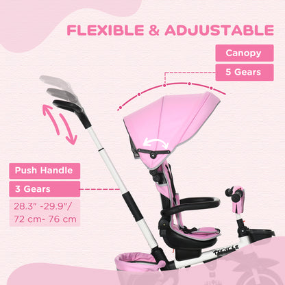 Aosom Tricycle for Toddler 6-in-1 Kids Trike, Foldable Converts Stroller to Baby Push Bike, Adjustable Backrest with Detachable Guardrail & Handle, Brake for 1-4 Years Old, Pink