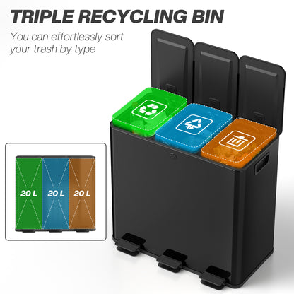 Triple Garbage Bin, Soft-Close Trash Can with Foot Pedal, 3 x 20 Liter Garbage Can with Removable Inner Buckets, Black