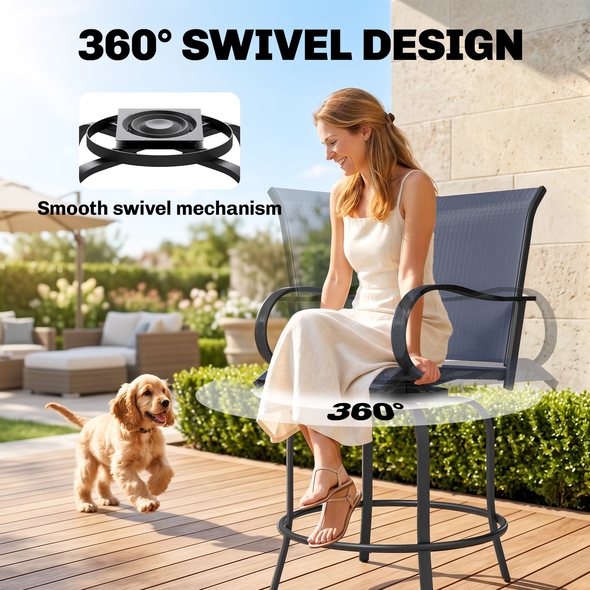 Outdoor Bar Stools Set of 2, 360° Swivel Bar Height Chairs, 26.8" x 29.5" x 48.4", Navy Blue