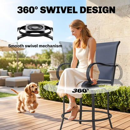 Outdoor Bar Stools Set of 2, 360° Swivel Bar Height Chairs, 26.8" x 29.5" x 48.4", Navy Blue