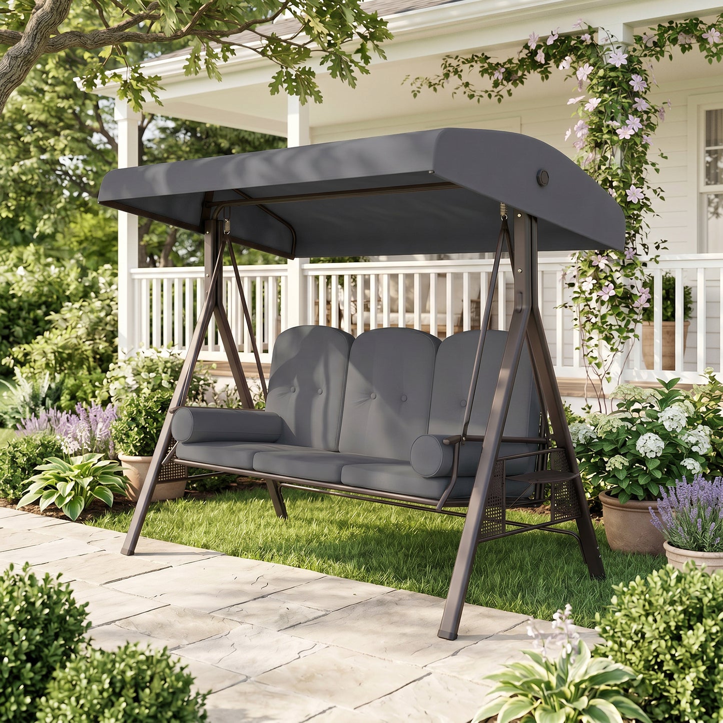 Outdoor Patio 3-Person Steel Canopy Cushioned Seat Bench Swing with Included Side Trays & Padded Comfort, Dark Grey