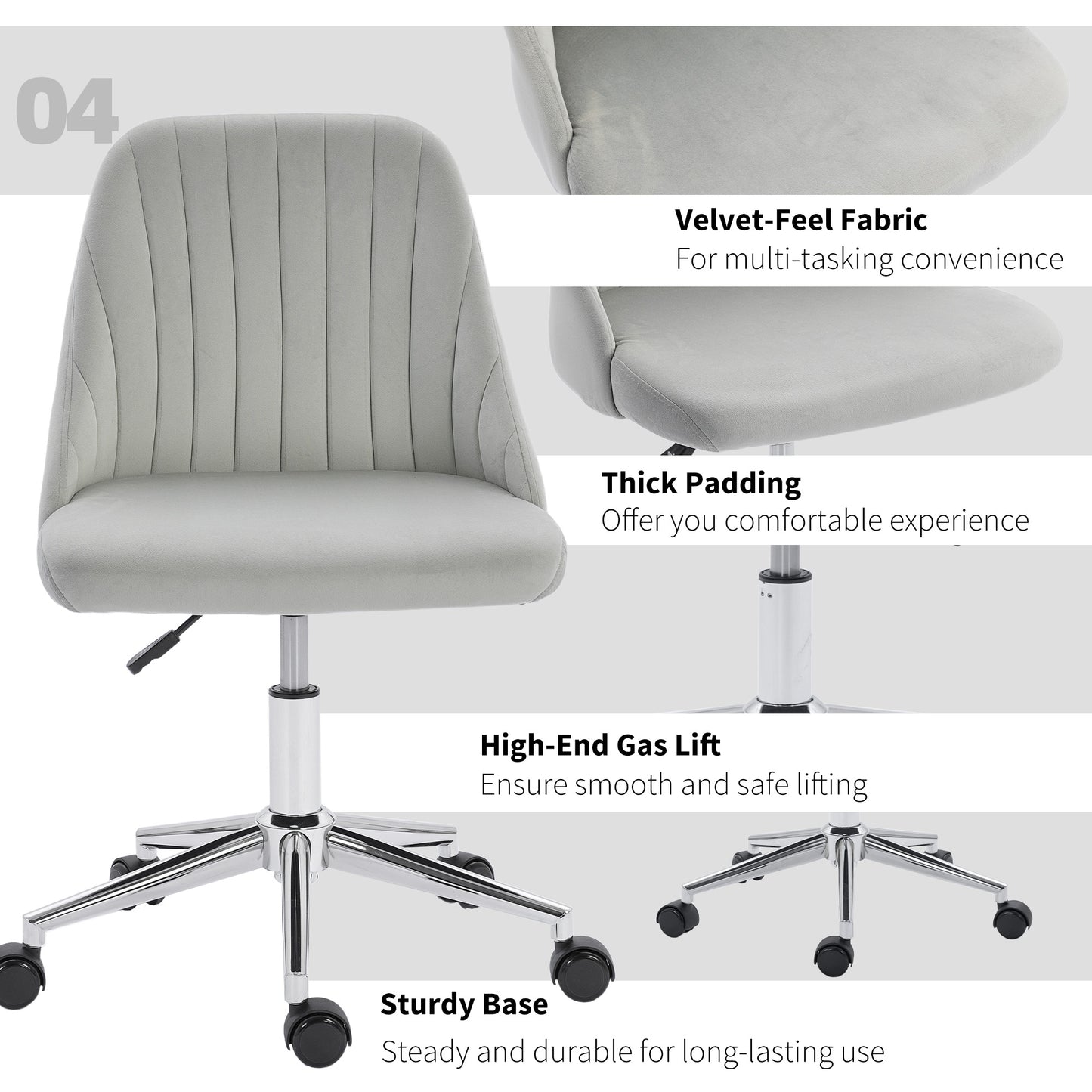 Vanity Chair for Makeup, Velvet Comfy Office Chair with Adjustable Height, Swivel Wheels for Bedroom, Living Room, Grey