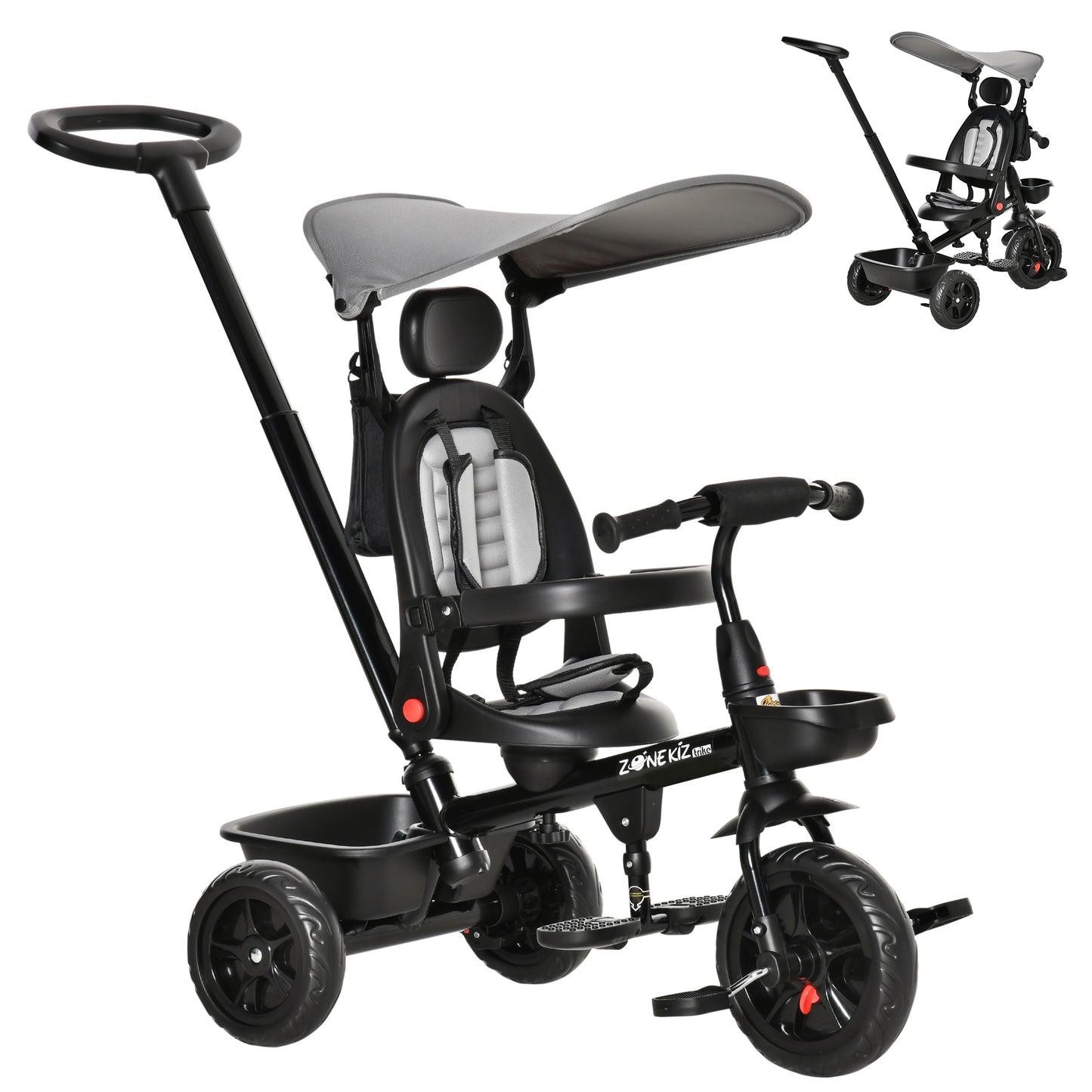 Qaba Tricycle for Toddler 4 in 1 Kids Trike, Converts Stroller to Toddler Bike, Adjustable Backrest & Flat Canopy, Detachable Guardrail & Handle for 1-5 Years Old, Grey