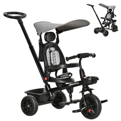 Qaba Tricycle for Toddler 4 in 1 Kids Trike, Converts Stroller to Toddler Bike, Adjustable Backrest & Flat Canopy, Detachable Guardrail & Handle for 1-5 Years Old, Grey