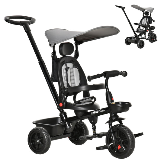 Qaba Tricycle for Toddler 4 in 1 Kids Trike, Converts Stroller to Toddler Bike, Adjustable Backrest & Flat Canopy, Detachable Guardrail & Handle for 1-5 Years Old, Grey