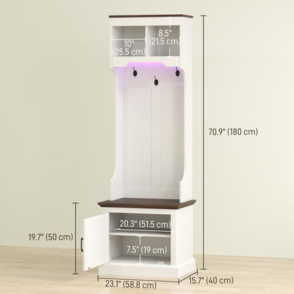 3-in-1 Hall Tree with LED Lights and Bench, Coat Rack with Shoe Storage, White Wood Grain with Light