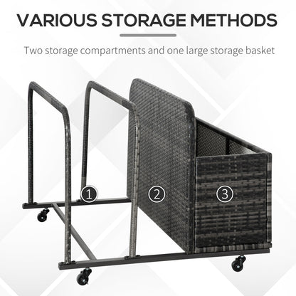 Rolling Pool Storage Rattan Patio Furniture Outdoor Storage Wicker Organizer for Floats, Paddles, Balls, Towels, Grey