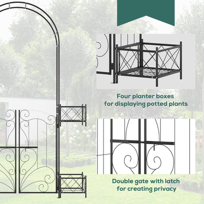 7.1FT Metal Garden Arch with Gate and 4 Planter Boxes, Garden Arbor Trellis for Climbing Plants, Outdoor Wedding, Decoration, Bridal Party, Black