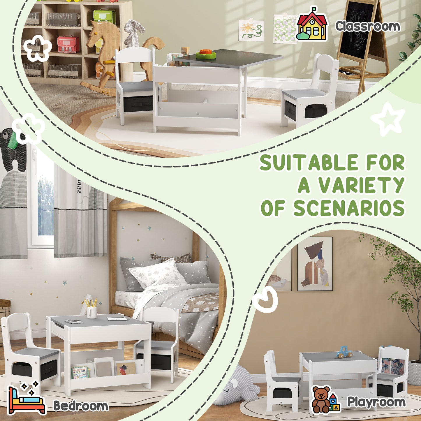 Qaba 3 Piece Kids Table and Chair Set with Reversible Tabletop, Blackboard, Storage, Bookshelf, for Playroom, Nursery, Grey