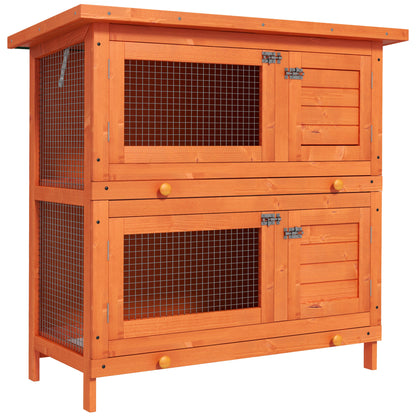 2-Tier Wooden Rabbit Hutch Small Animal House Bunny Pet Cage with 2 Main Rooms, Sliding Tray, Opening Top, Yellow