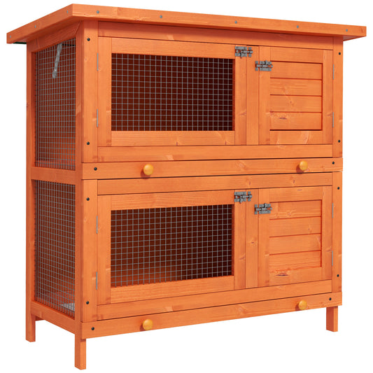 2-Tier Wooden Rabbit Hutch Small Animal House Bunny Pet Cage with 2 Main Rooms, Sliding Tray, Opening Top, Yellow