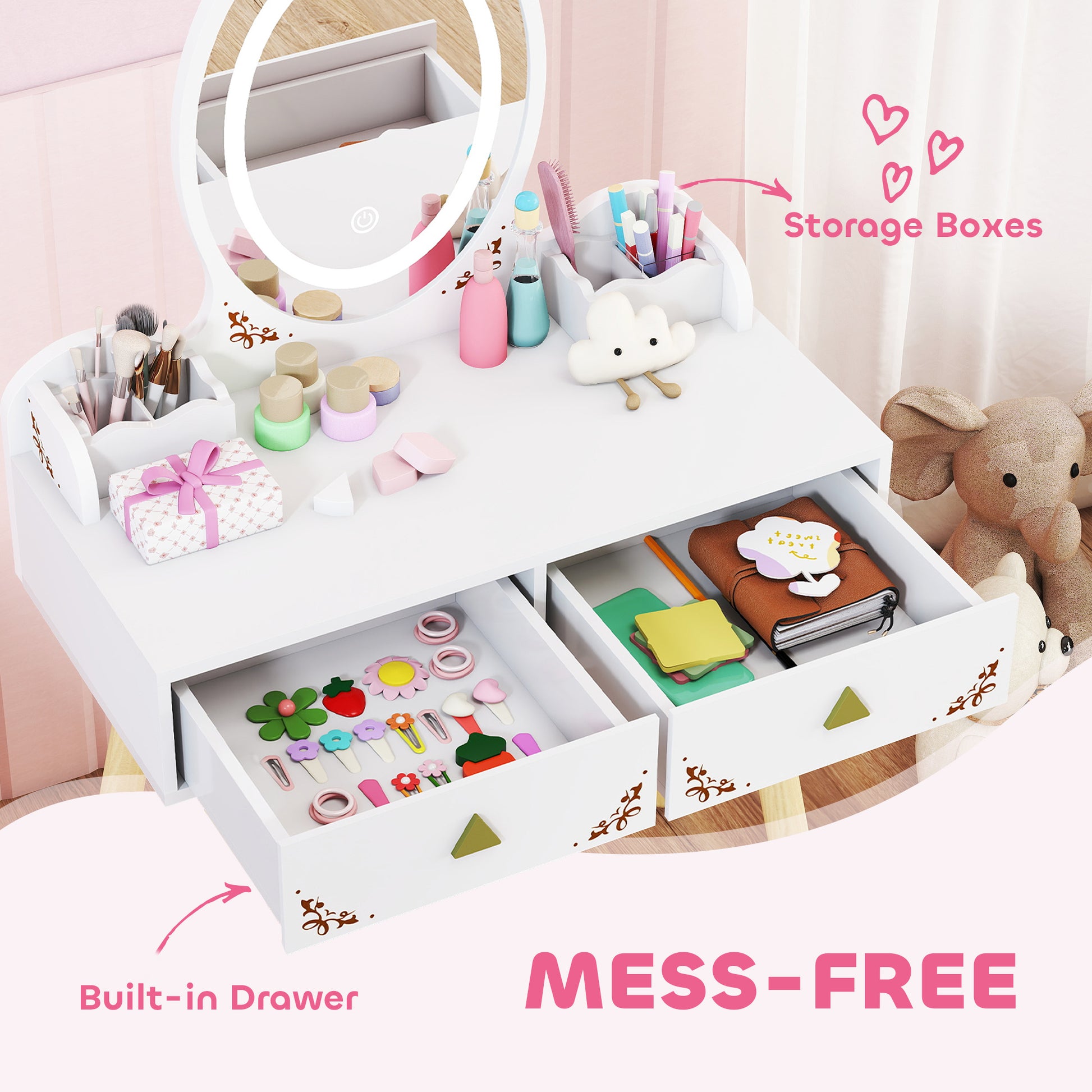 Qaba Kids Vanity Set with Mirror, Stool, 3-Colour LED Lights, Girls Dressing Table Pretend Play for Kids Room, Pink
