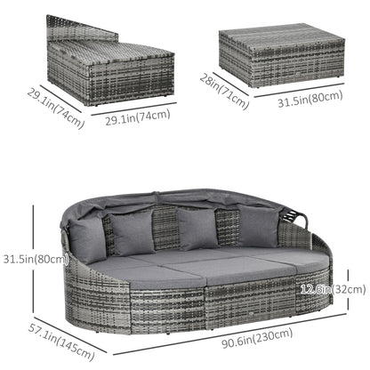 4 Pieces Patio PE Wicker Round Daybed, Outdoor Rattan Garden Lounge Furniture Sets, Grey
