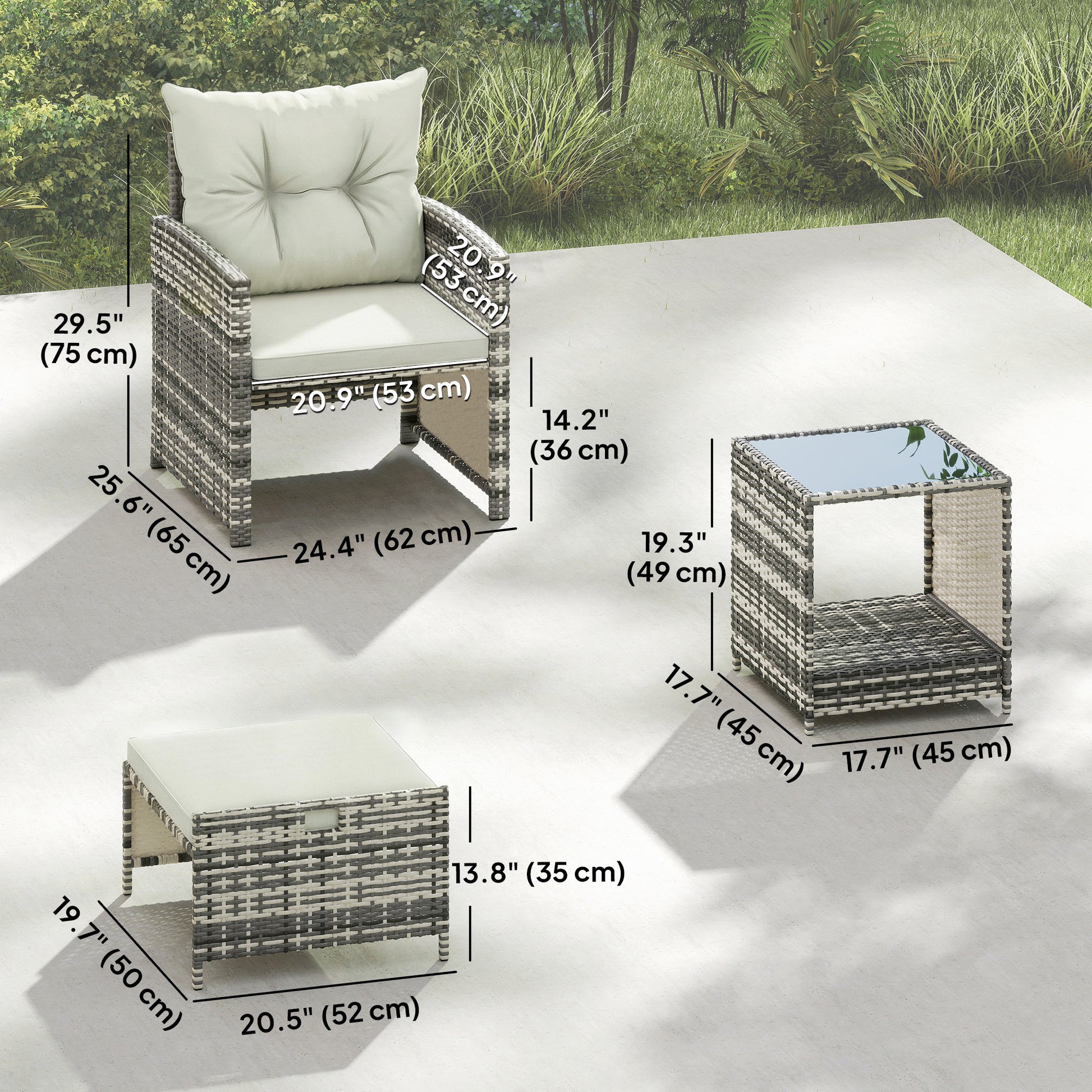 5 Piece Patio Furniture Set, Wicker Patio Chairs with Ottomans, 2-Tier Glass Coffee Table and Cushions, Grey/Cream White