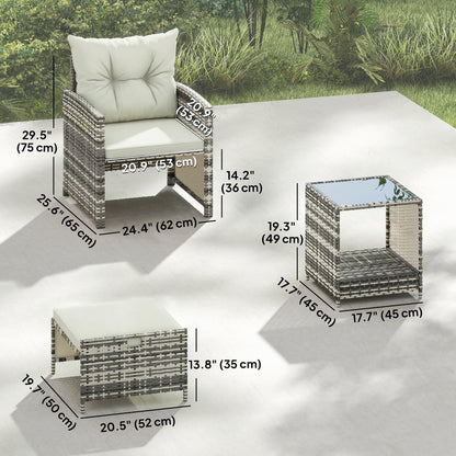 5 Piece Patio Furniture Set, Wicker Patio Chairs with Ottomans, 2-Tier Glass Coffee Table and Cushions, Grey/Cream White