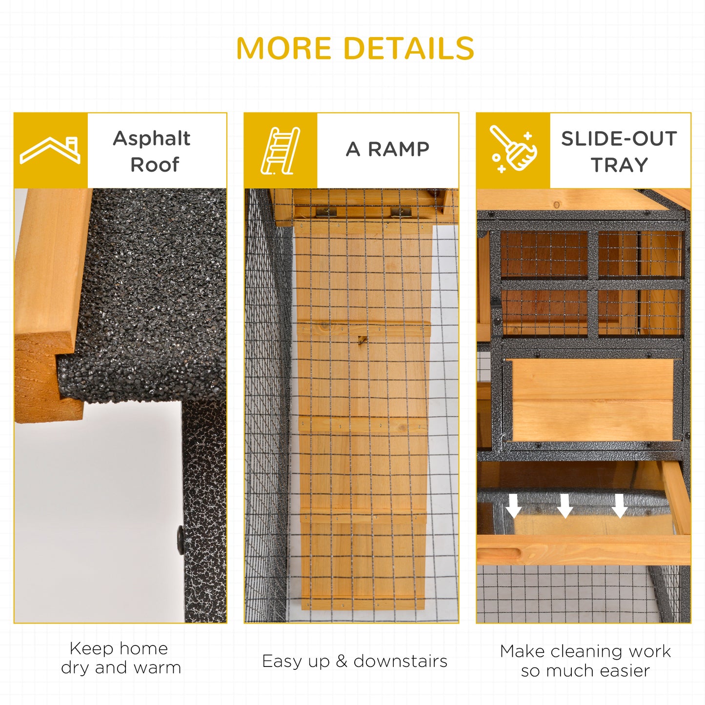 Rabbit Hutch Outdoor, 48"L Large Wooden Bunny Cage with Run, Bite-Resistant Metal Frame, Removable Plastic Tray, Asphalt Roof, Ramp, Guinea Pig Cage for 1-2 Rabbits, Yellow