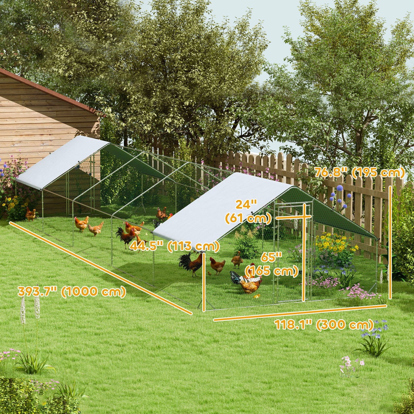 Metal Chicken Coop with Water- and UV-Protection Cover for Backyard Hen, Duck, Rabbit, 9.8' x 32.8' x 6.4'