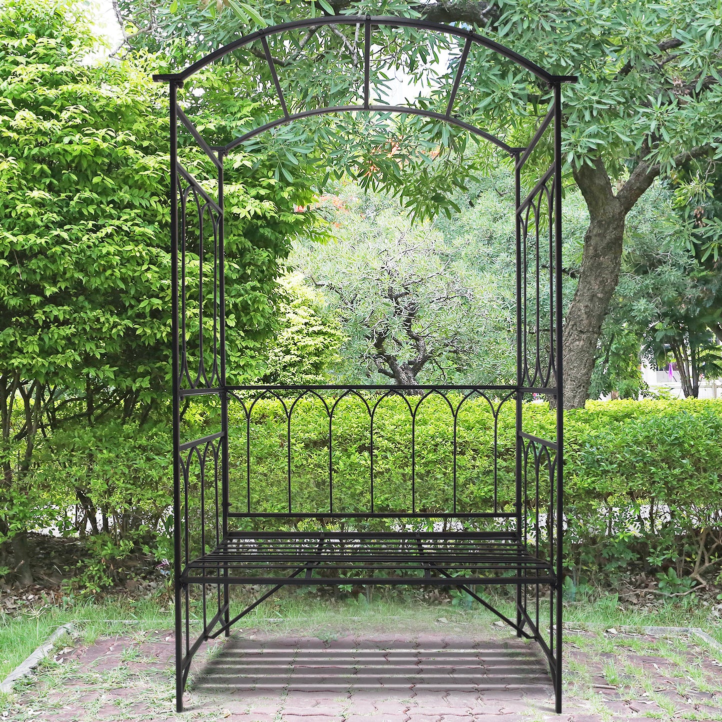 80" Tall Fairy Garden Arbor Arch with Bench Metal Outdoor Plant Climbing Support Trellis with 2 Seater Bench for Rose Vines Black