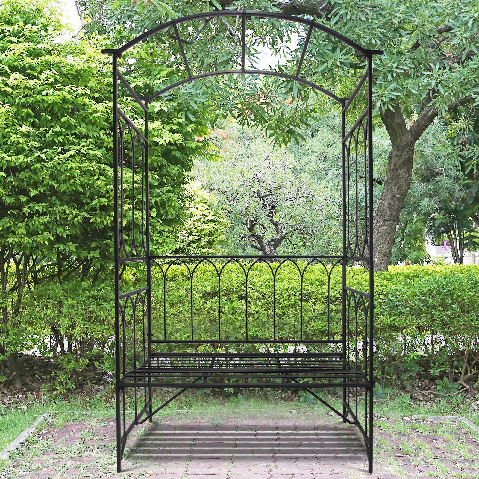 80" Tall Fairy Garden Arbor Arch with Bench Metal Outdoor Plant Climbing Support Trellis with 2 Seater Bench for Rose Vines Black