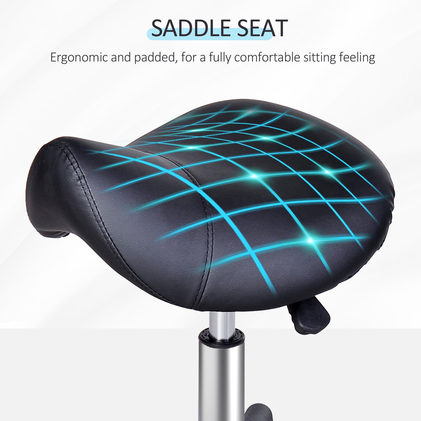Saddle Stool, PU Leather Rolling Stool with Wheels, Adjustable Salon Chair for Kitchen, Salon Spa, Bar, Home Office, Massage, Black