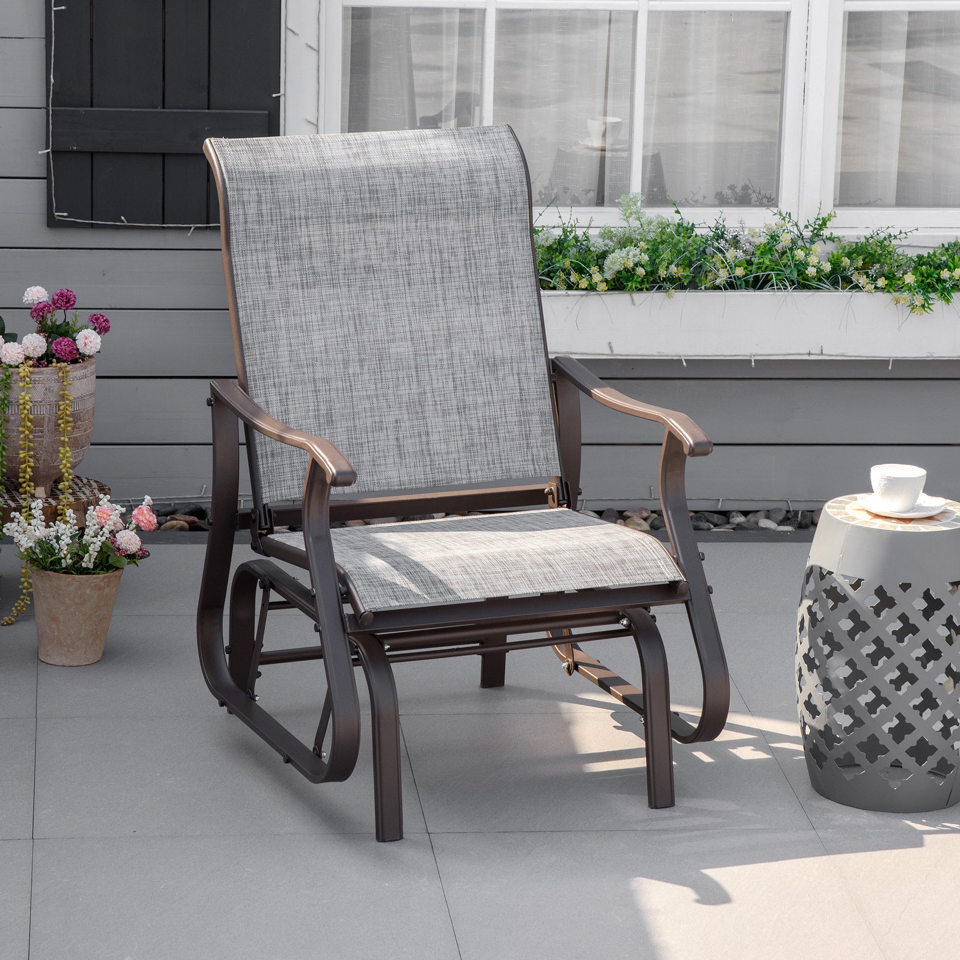 Outdoor Glider Chair, Patio Glider with Steel Frame and Mesh Fabric, Outdoor Patio Chair for Backyard, Garden and Porch, Grey